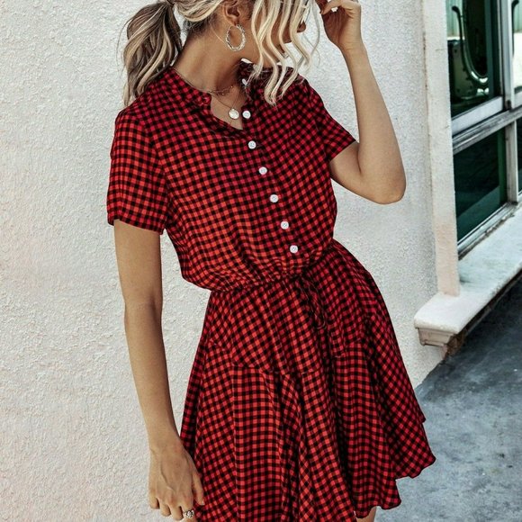 Shop Fig Dresses & Skirts - Buffalo Plaid Black White Button Front Shirt Dress